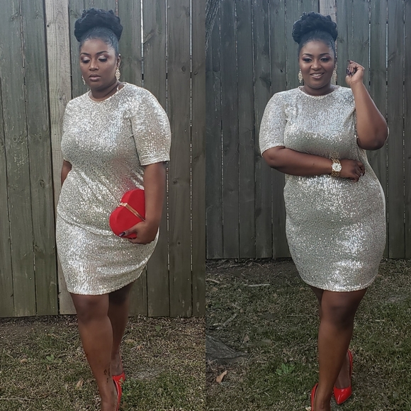 ❤Plus Size Sheer Champagne Sequin Dress - Picture 1 of 4